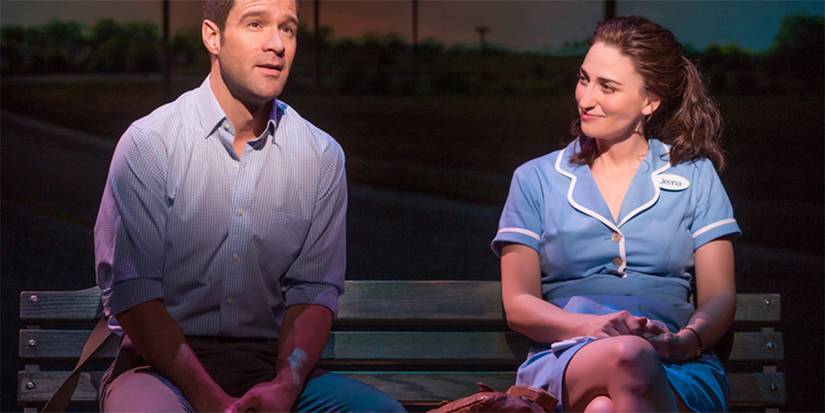 Chris Diamantopoulos as Dr. Pomatter and Sara Bareilles as Jenna in Waitress.
