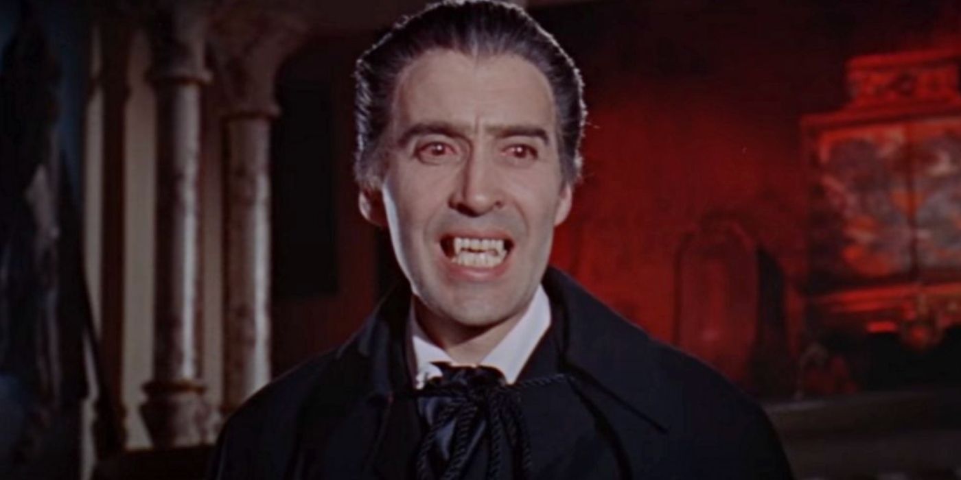 Christopher Lee's Dracula hissing at a victim in Horror of Dracula