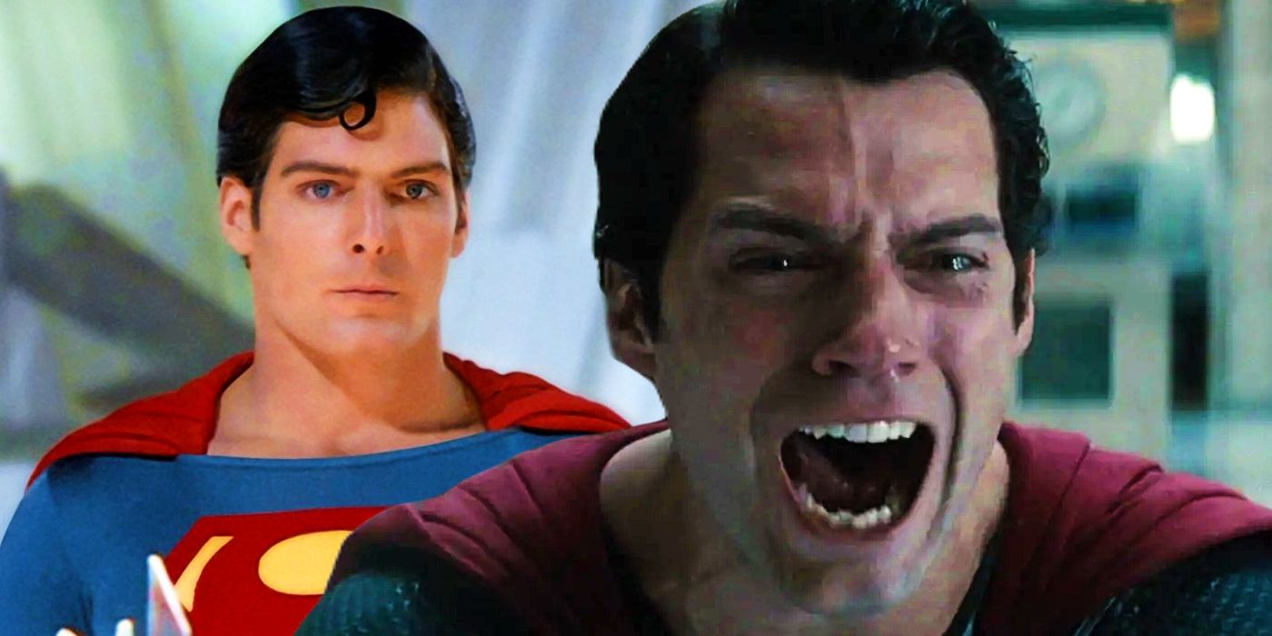 Christopher Reeve in Superman II and Henry Cavill in Man of Steel