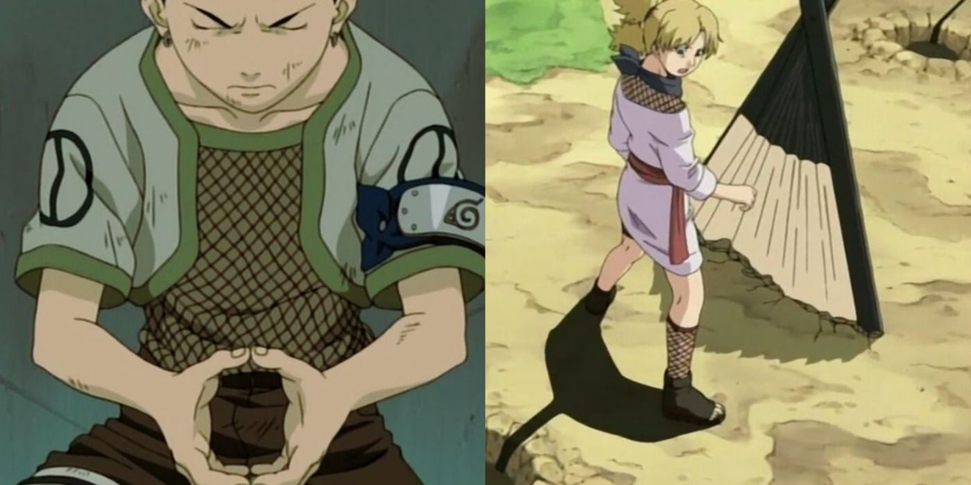 A split image features Shikamaru and Temari during their Chunin Exam match in Naruto