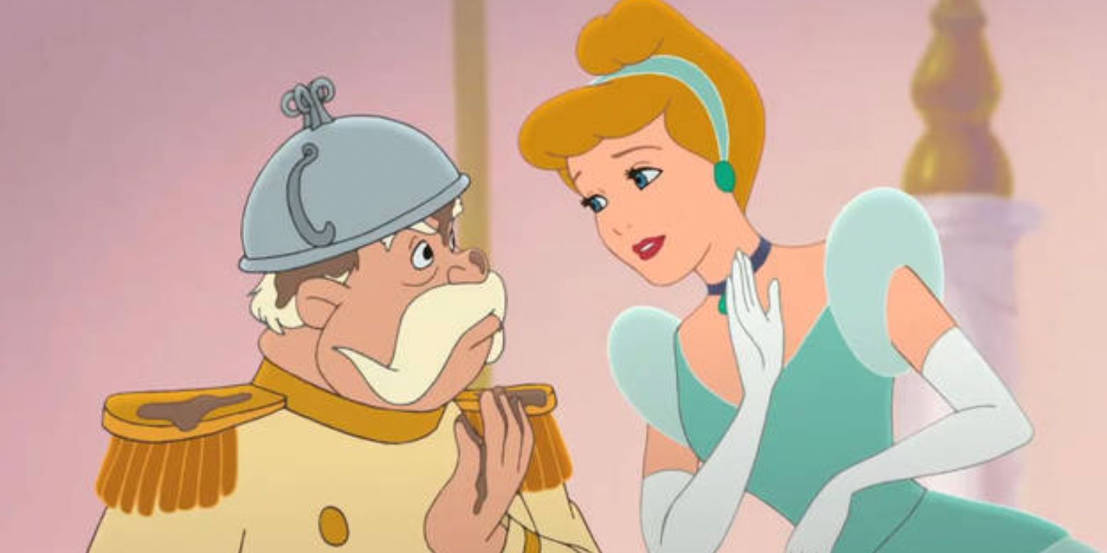 Cinderella talking to the king after he gets food on his head in Cinderella II