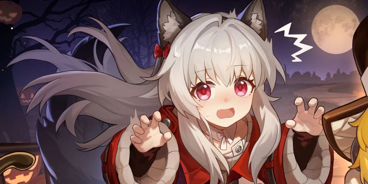 Clara from Honkai: Star Rail, wearing wolf ears and a tail and holding up her hands with a shocked expression.