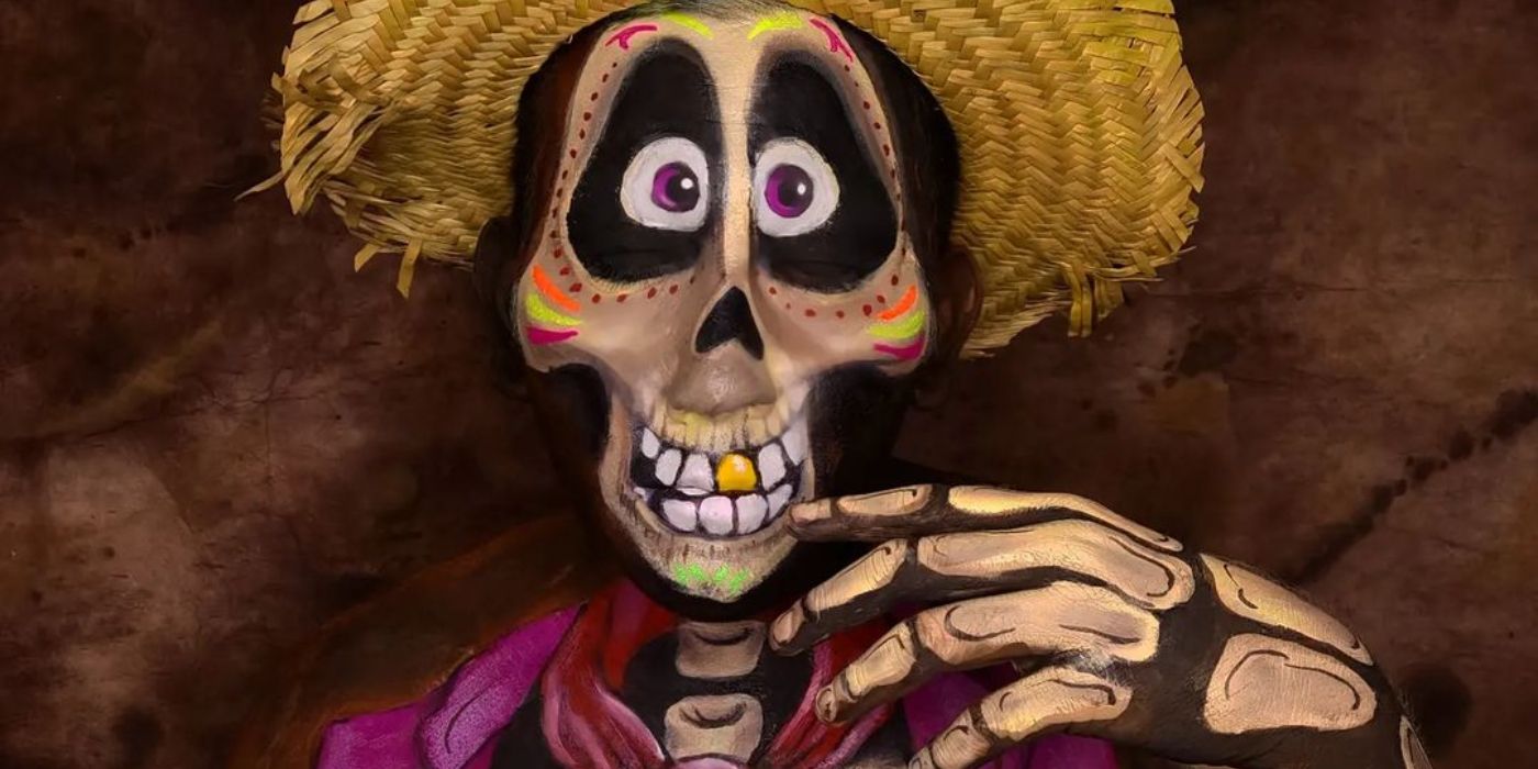 Uriel Flores body paint cosplay as Hector from Coco 