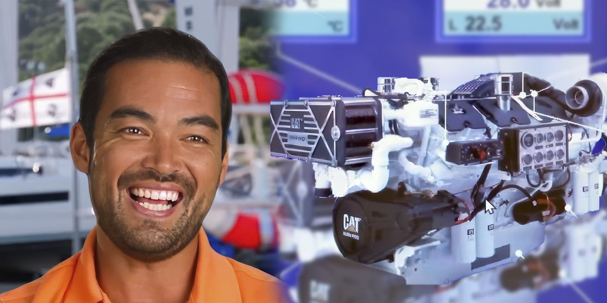 Below Deck's Colin MacRae smiling with engine in the background