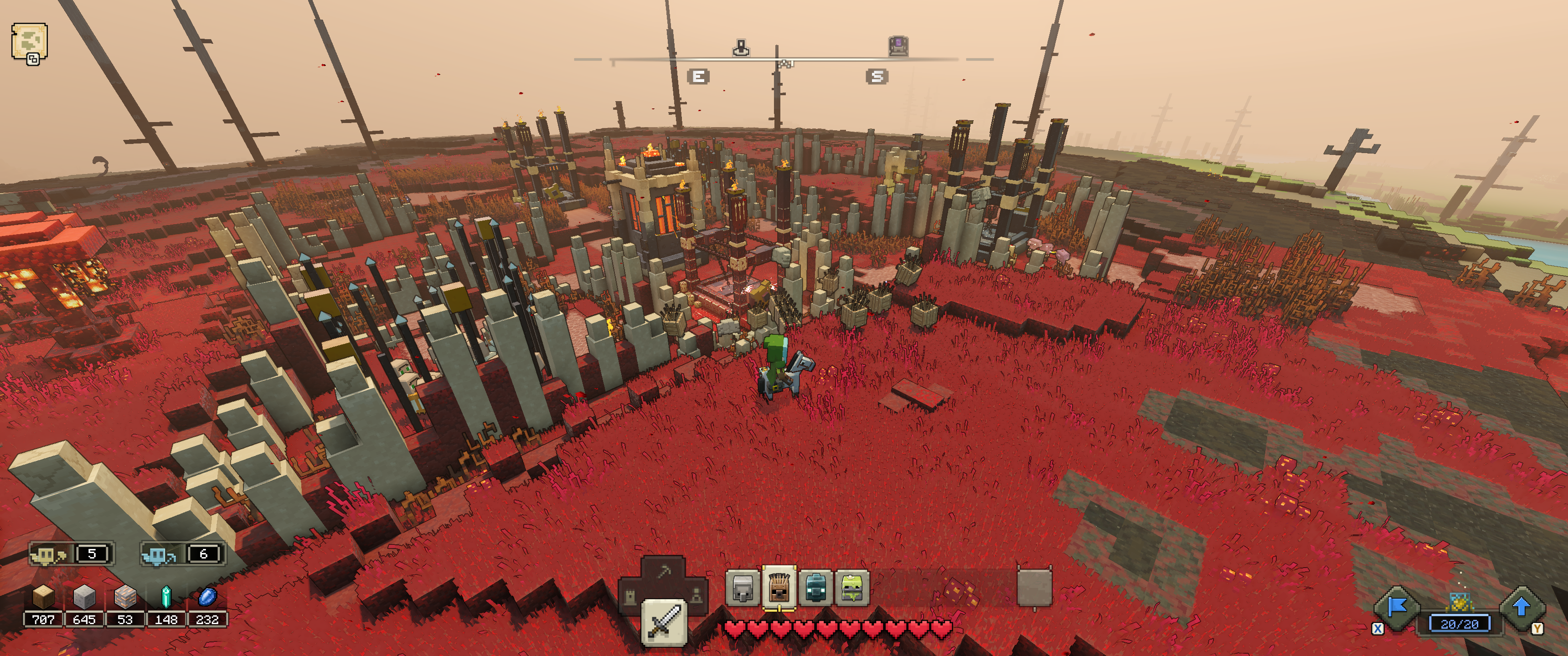 Combat in Minecraft Legends, showing the player leading golems to reclaim a village taken by piglins