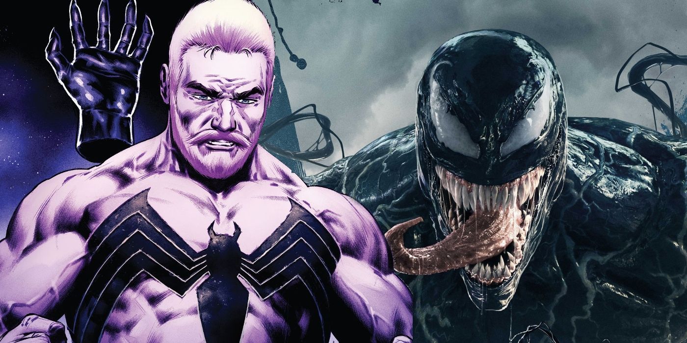 Eddie Brock (Comics) stands next to Venom (Film) with the Venom logo on his chest