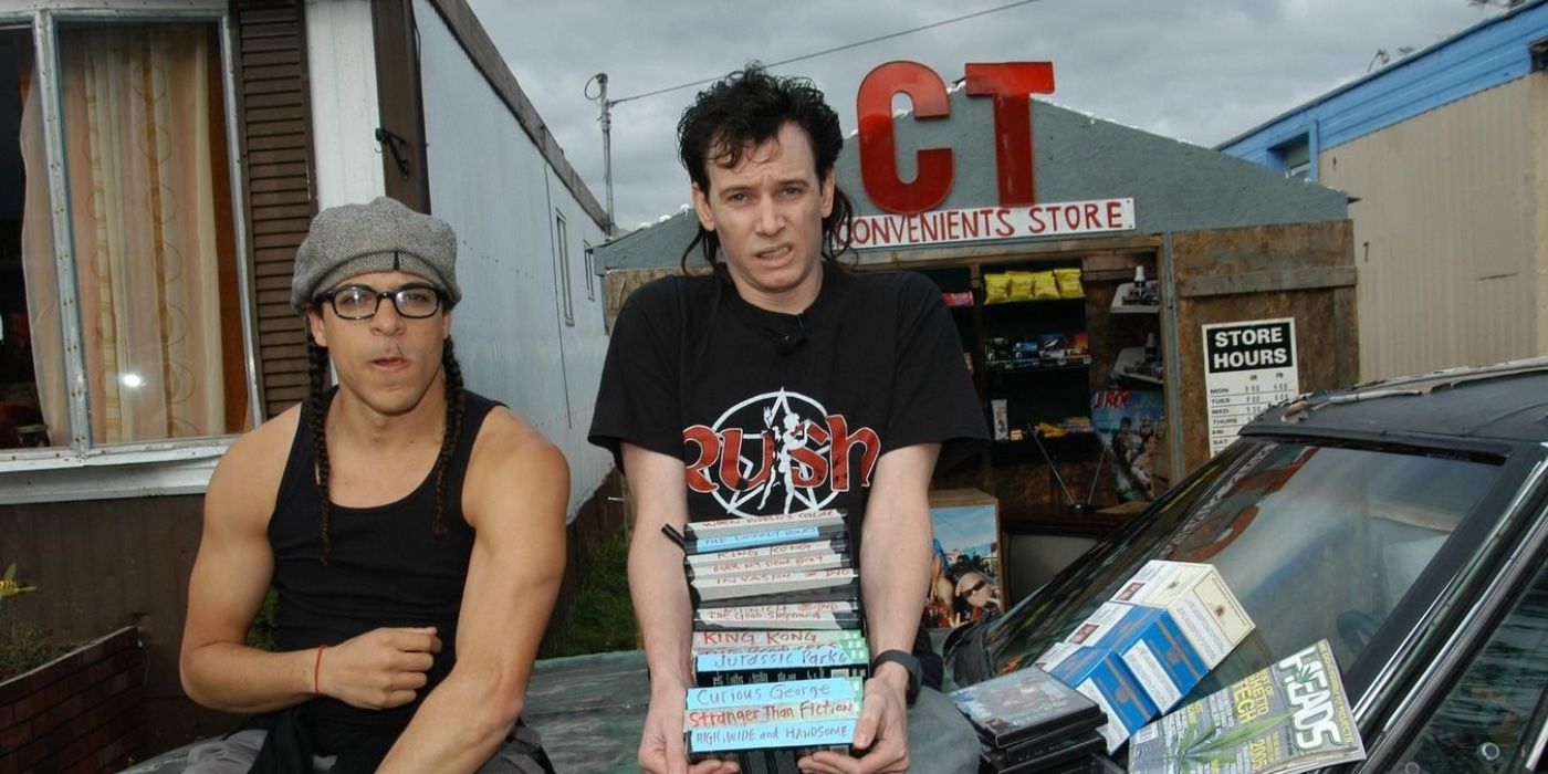 Cory and Trevor holding tapes in Trailer Park Boys