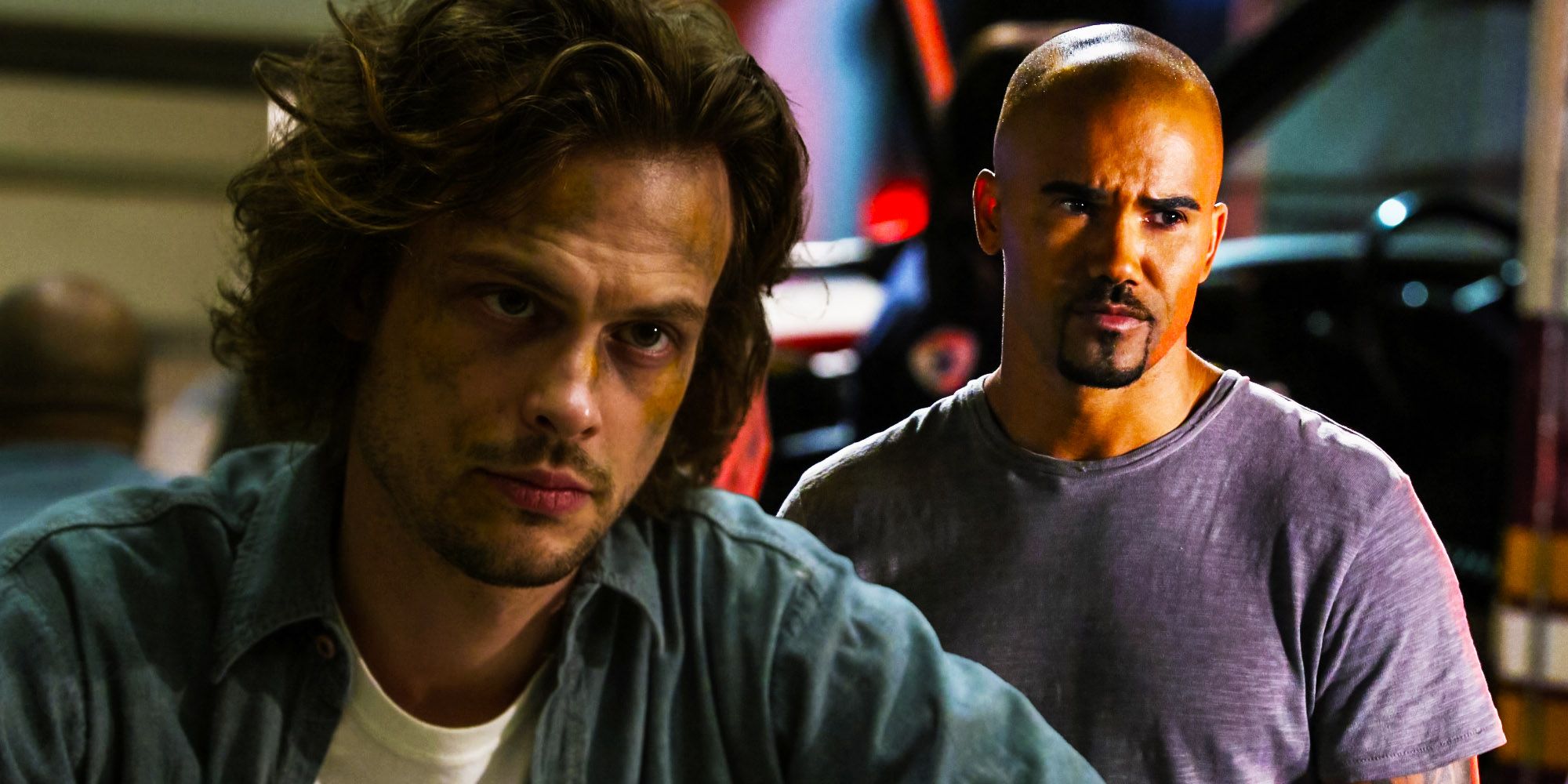 A composite image of Reid with dirk on his face imposed over Morgan looking on dramatically in Criminal Minds