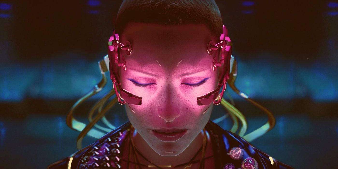 Seorang wanita mengenakan karangan bunga braindance dan menutup matanya di Cyberpunk 2077.