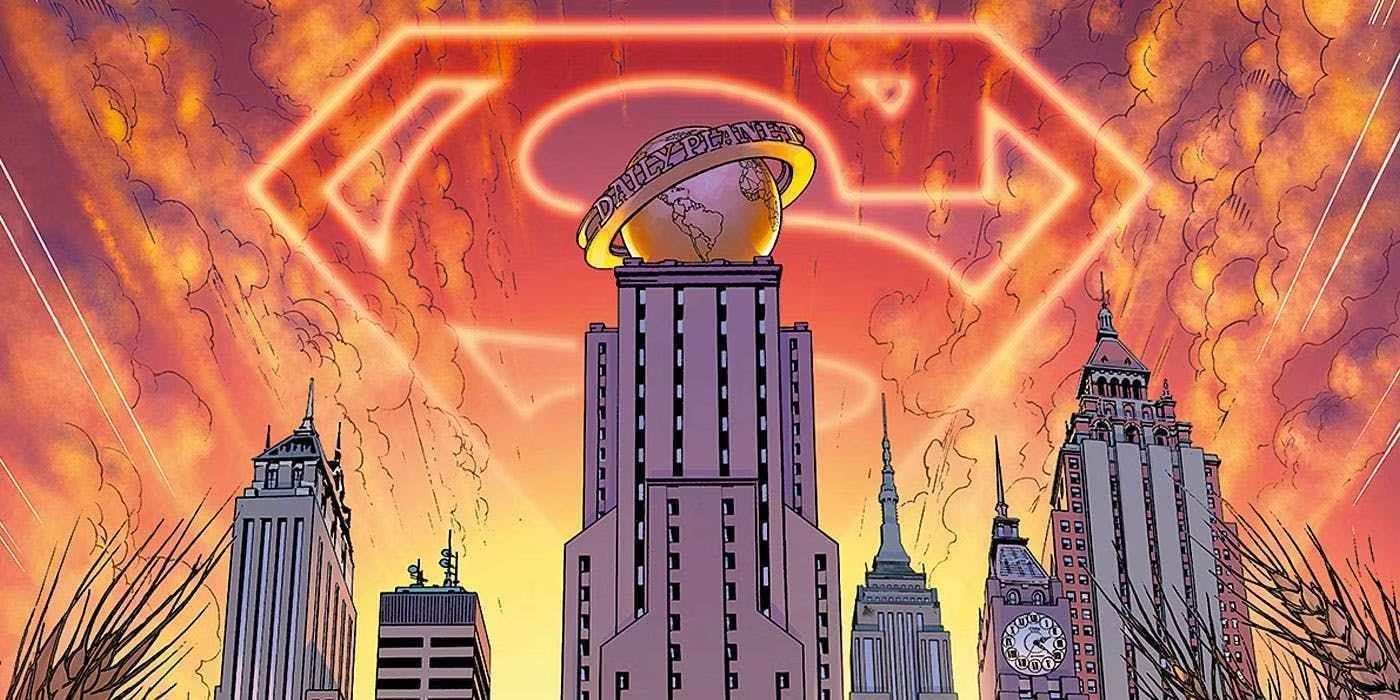 Comic book art: the Daily Planet building in front of a fiery version of Superman's symbol.