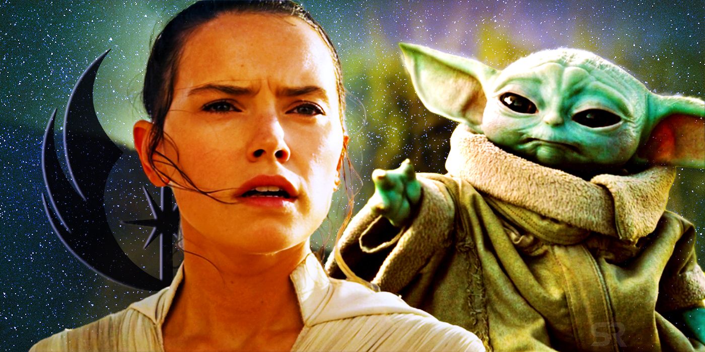 Daisy Ridley as Rey and Grogu using the Force with the Jedi Order symbol