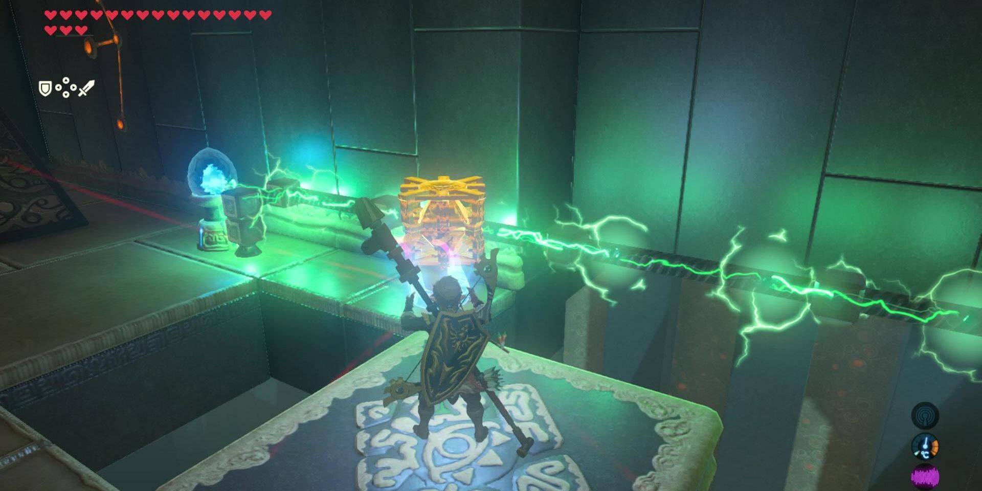 In Breath of the Wild, Link stands on a glowing, moving platform and moves a block into place to conduct a bright green electric current through a conduit