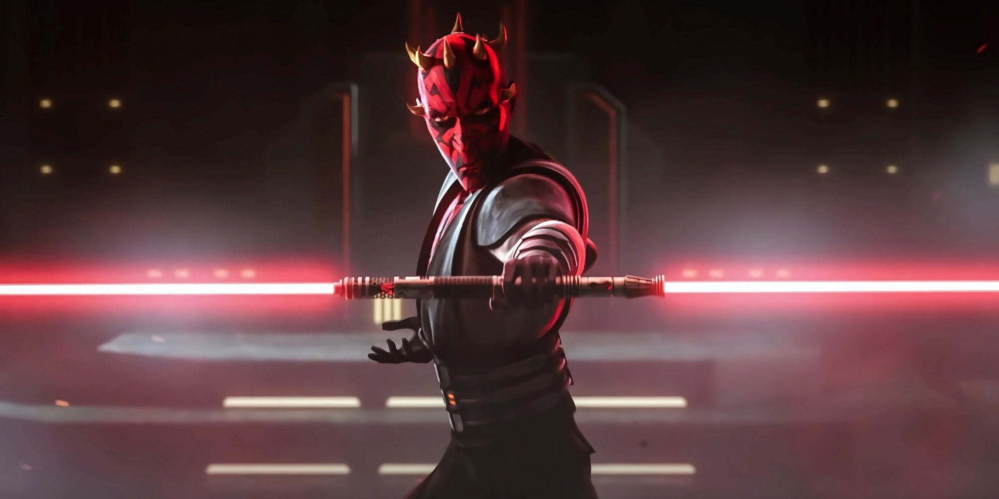 Darth Maul stands ready to fight with his duel bladed lightsaber ignited