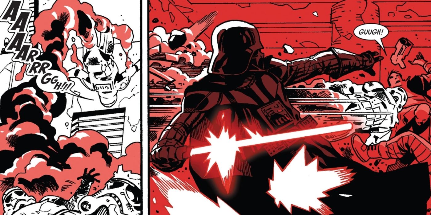 Darth Vader uses a Storm Trooper as a weapon.