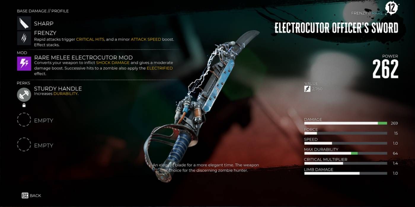 Dead Island 2 Electrocutor Officer's Sword Weapon Found in Early Game with Stats and Abiliites Displayed