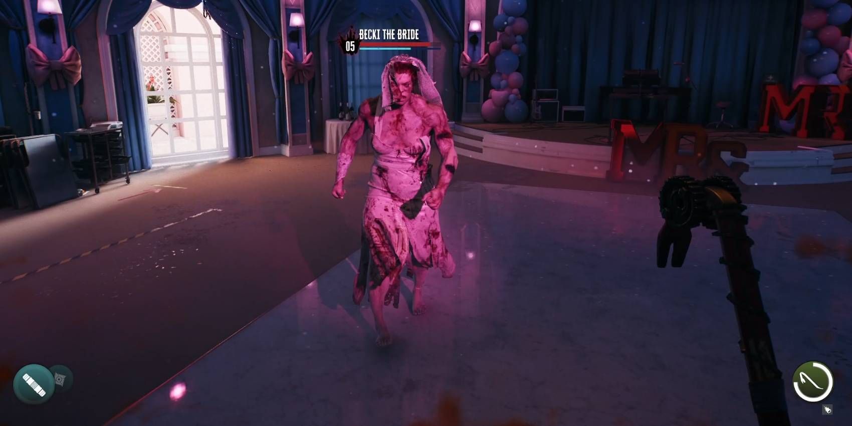 Dead Island 2 Becki the Bride Boss Fight with Enemy Health and Stability Health Shown Player Perspective Screenshot