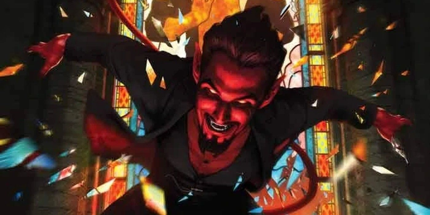 Demon Azazel Marvel Comics bursting through stained gladd