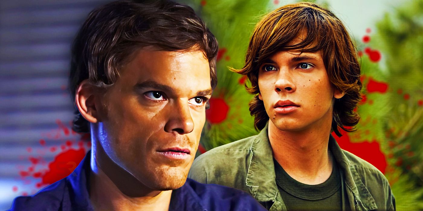 Split image of Dexter and teenage Dexter Morgan