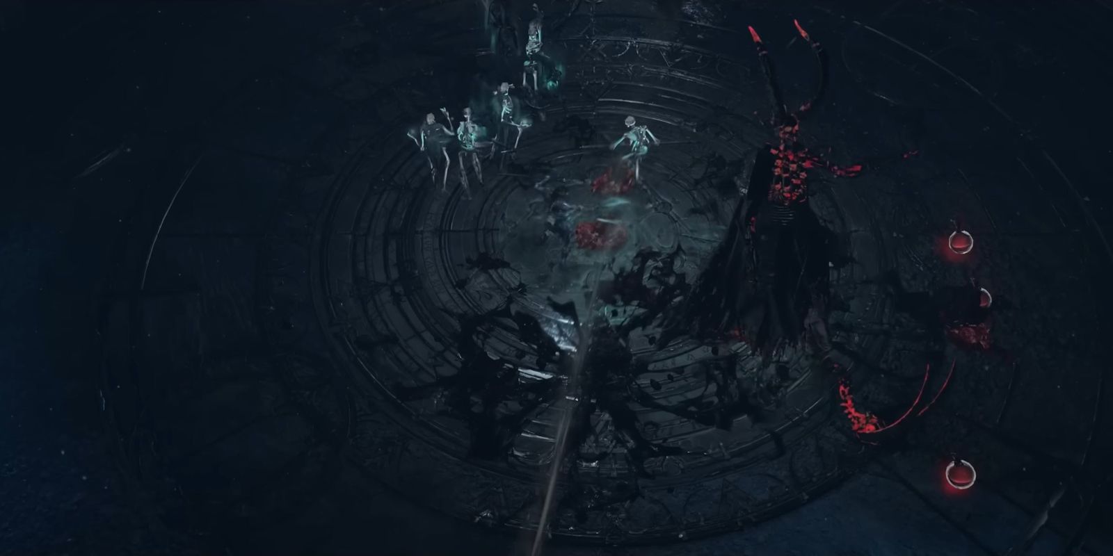 Diablo 4, pemain di penjara bawah tanah saat bos menyerang mereka.  Beberapa ramuan kesehatan di tanah di sebelah kanan.  Kamar yang sangat gelap. 