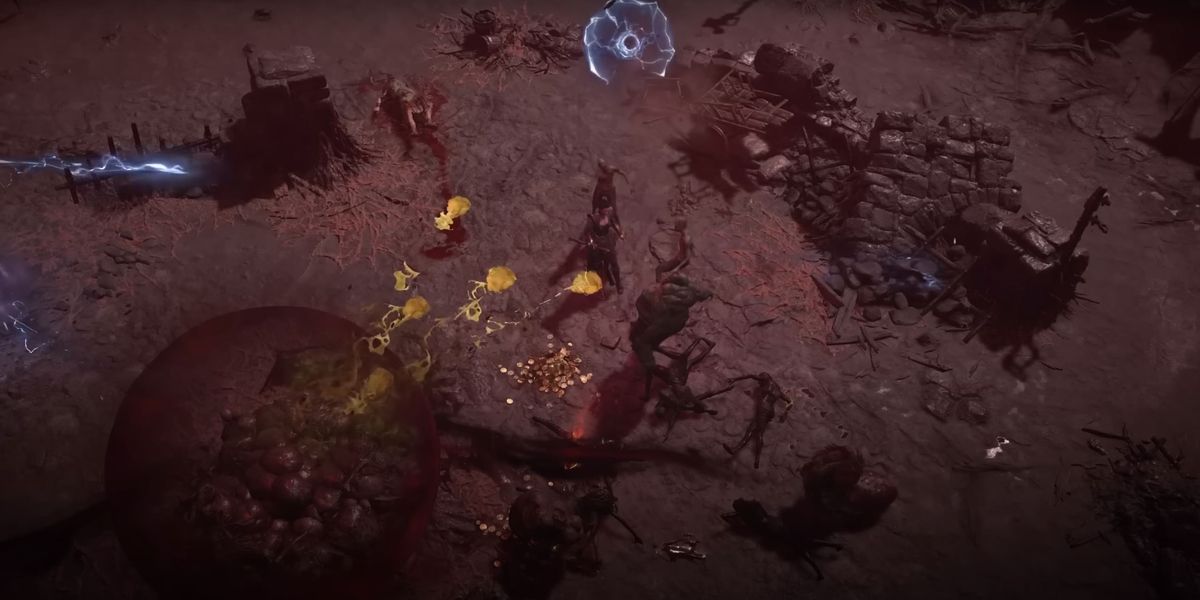 Diablo 4 battle between a player character and several mobs of enemies in the overworld.