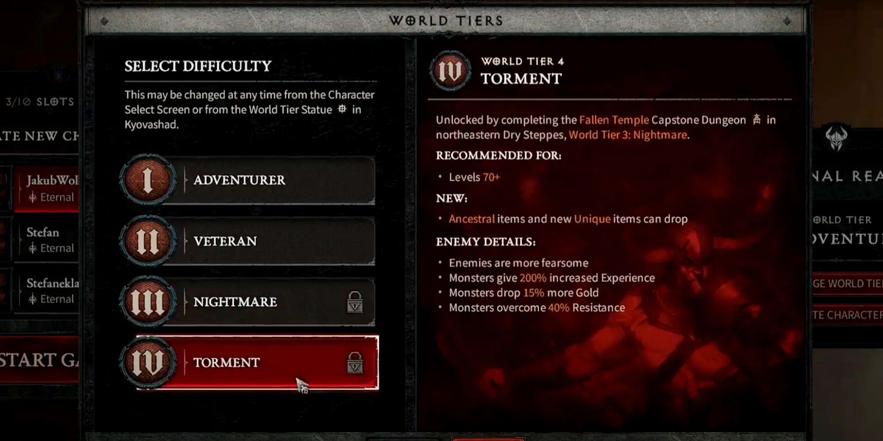 Uma captura de tela do menu World Tiers de Diablo 4, onde o painel esquerdo tem quatro opções – Aventureiro, Veterano, Pesadelo e Tormento – e o painel direito explica os detalhes de cada uma.
