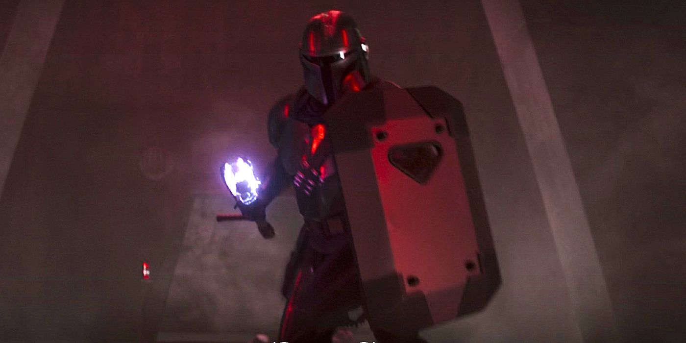 Din Djarin wielding purge trooper weapons in The Mandalorian season 3's finale