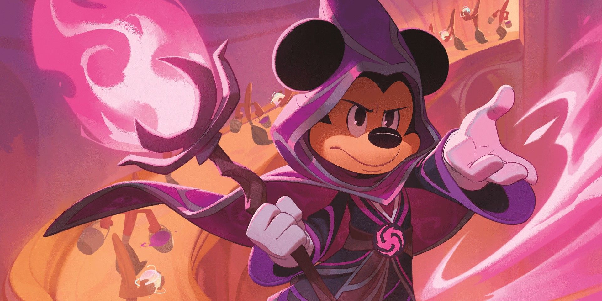 Disney Lorcana promo art of Wizard Mickey with the bucket broomsticks walking in the background.
