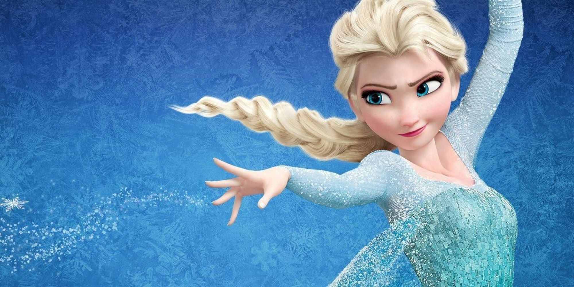 A promotional shot of Queen Elsa from Disney's Frozen posing with her arm outstretched against a blue background