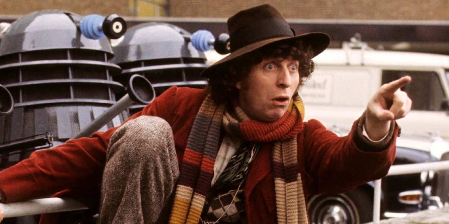 Tom Baker pointing at something in Doctor Who
