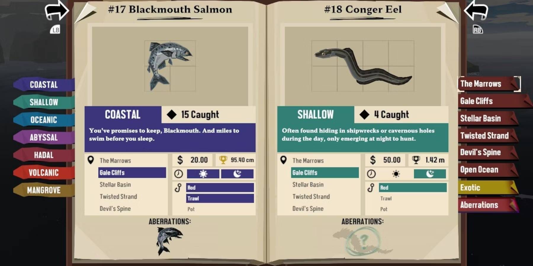 Dredge Blackmouth Salmon and Conger Eel Fish Catch Entries with Latter Being Important for Certain Pursuit Side Quest