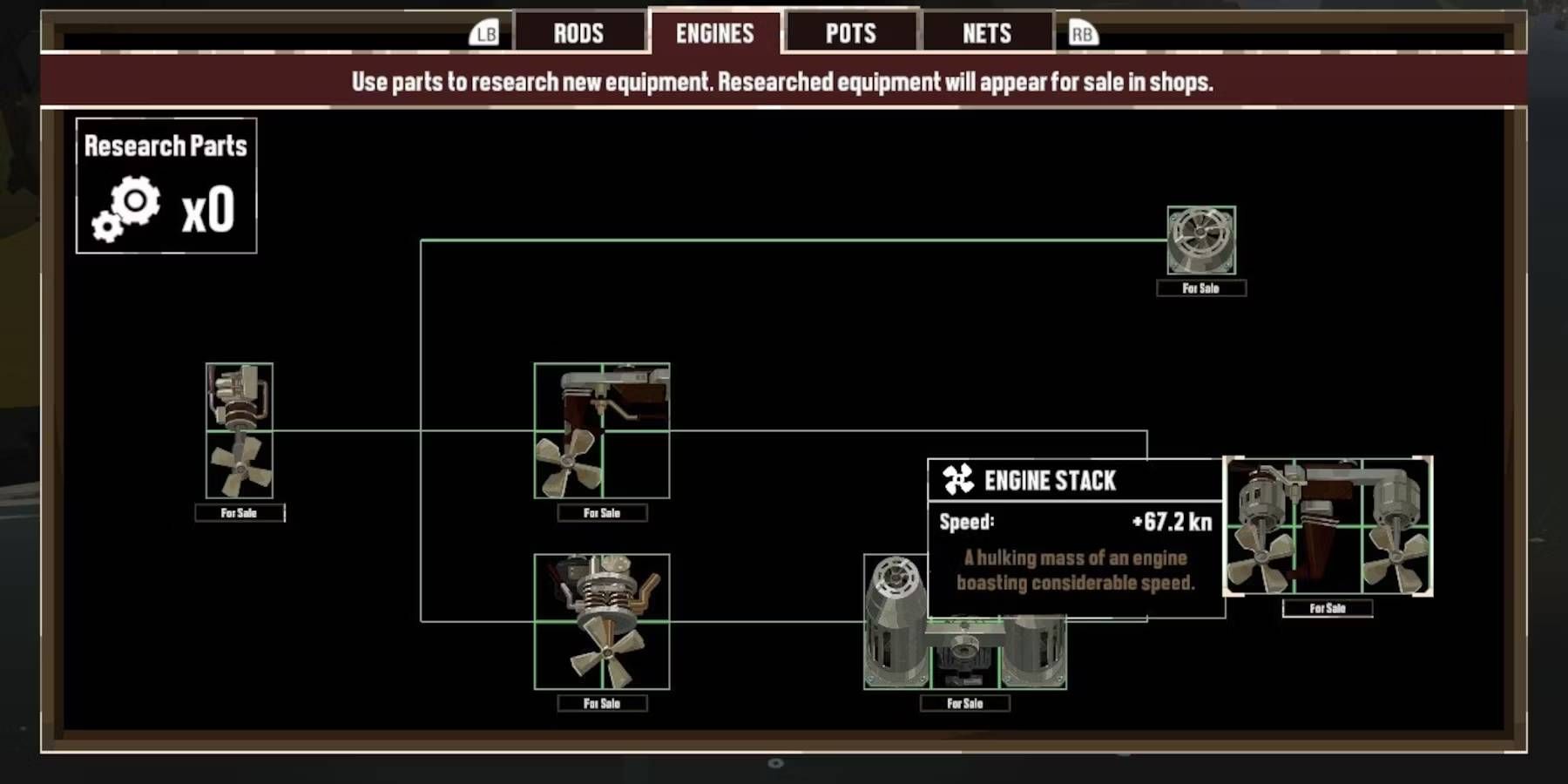 Dredge Engine Research Path with Different Research Parts Needed to Unlock new Engine Types