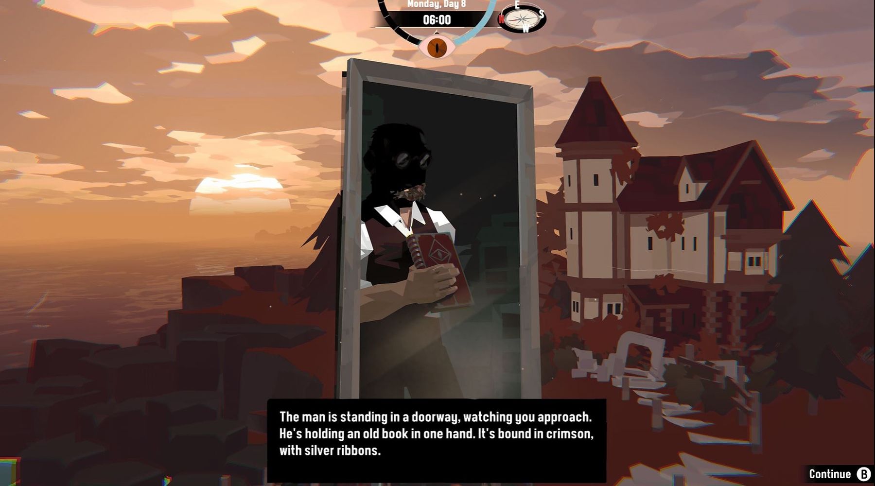 Screenshot in Dredge of a man standing in a doorway with his face cloaked in darkness, holding a mysterious book