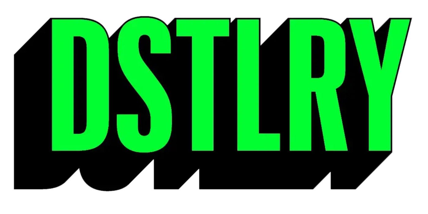 DSTLRY LOGO: Block letters in lime green.
