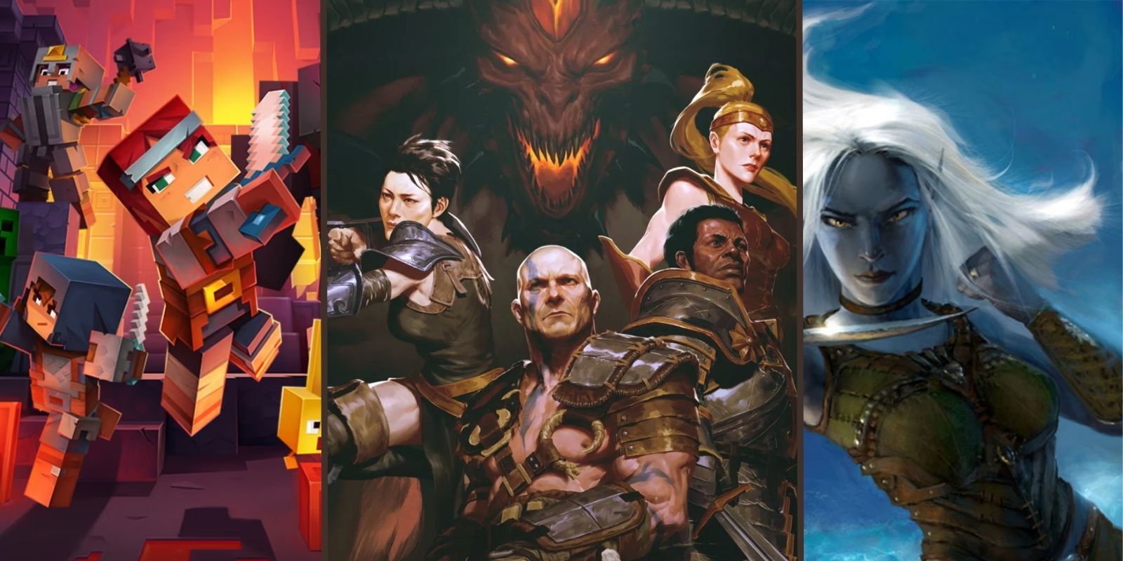 A split image showing characters and a demon from Diablo 4 largest in the center; on either side are characters from Minecraft Dungeons and Baldur's Gate: Dark Alliance 2.
