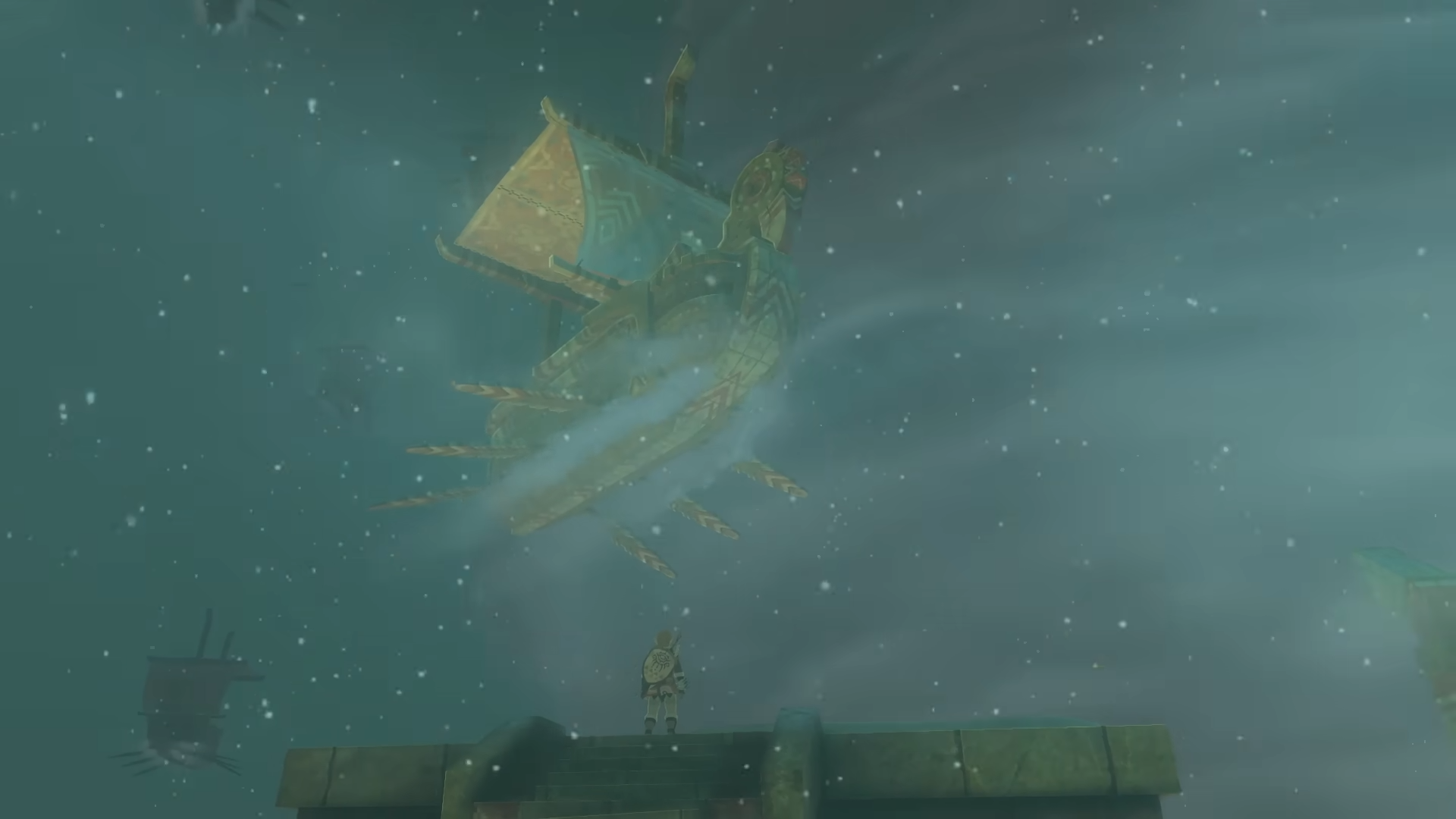 Link looking up at a flying ship/boat in Tears of the Kingdom.