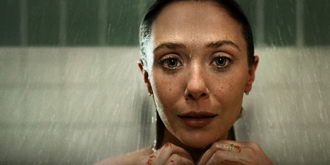 Elizabeth Olsen (Candy Montgomery) in the shower with blood on her hands in Love & Death