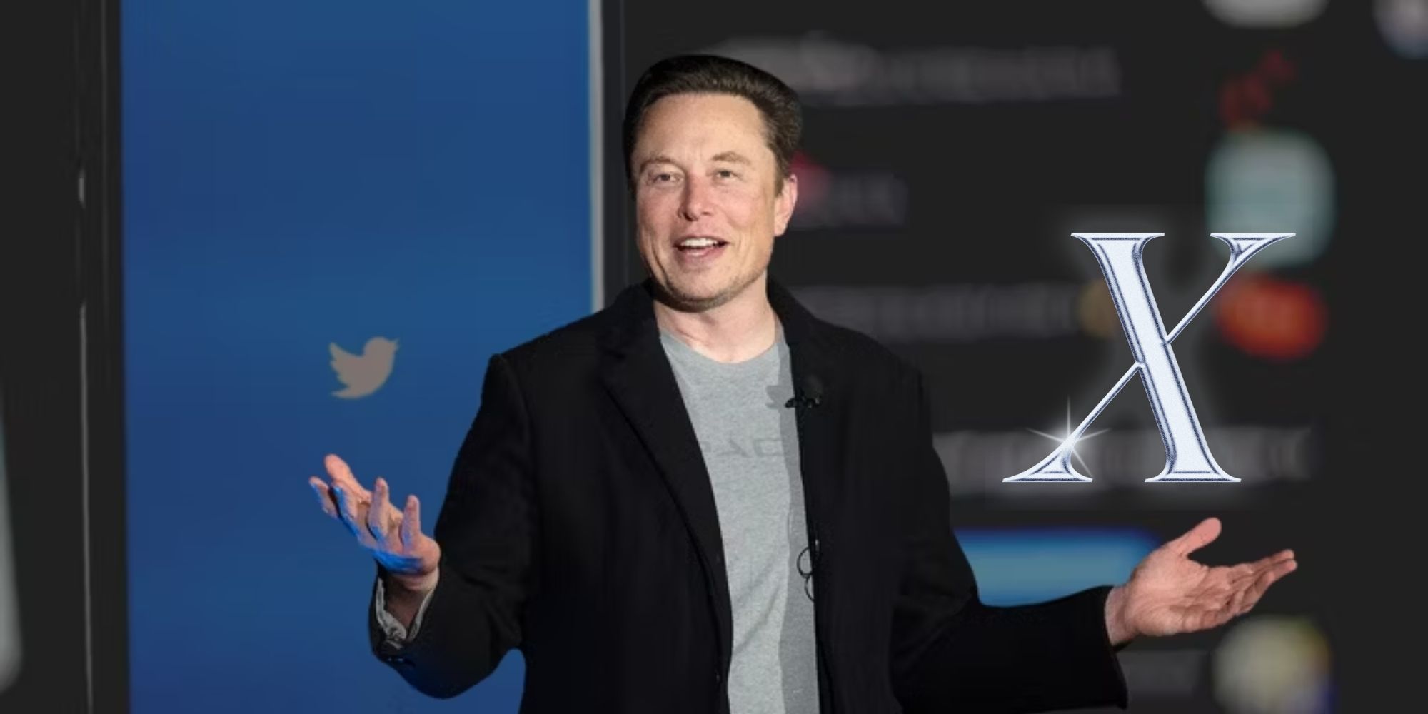 Image of Elon Musk with Twitter's app on the left and the letter 'X' on the right