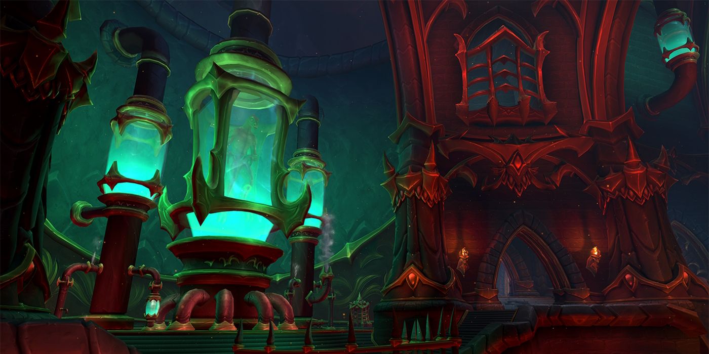 Embers of Neltharion Laboratory World of Warcraft- some scientific containers holding iridescent liquid to the left while a red creepy building is off to the right
