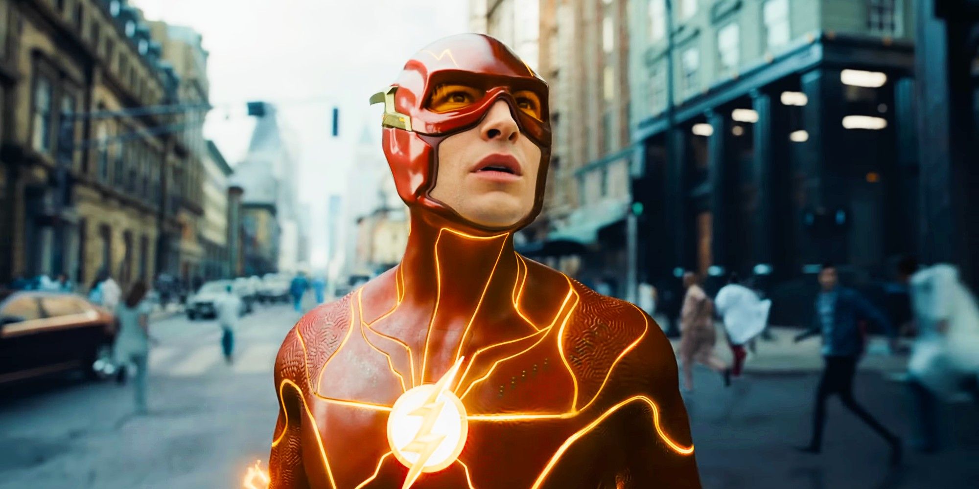 Ezra Miller as Barry Allen Looking Up at Zod Attacking Metropolis In The Flash Movie