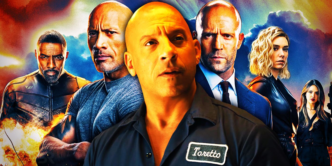 Vin Diesel in front of the Hobbs & Shaw cast