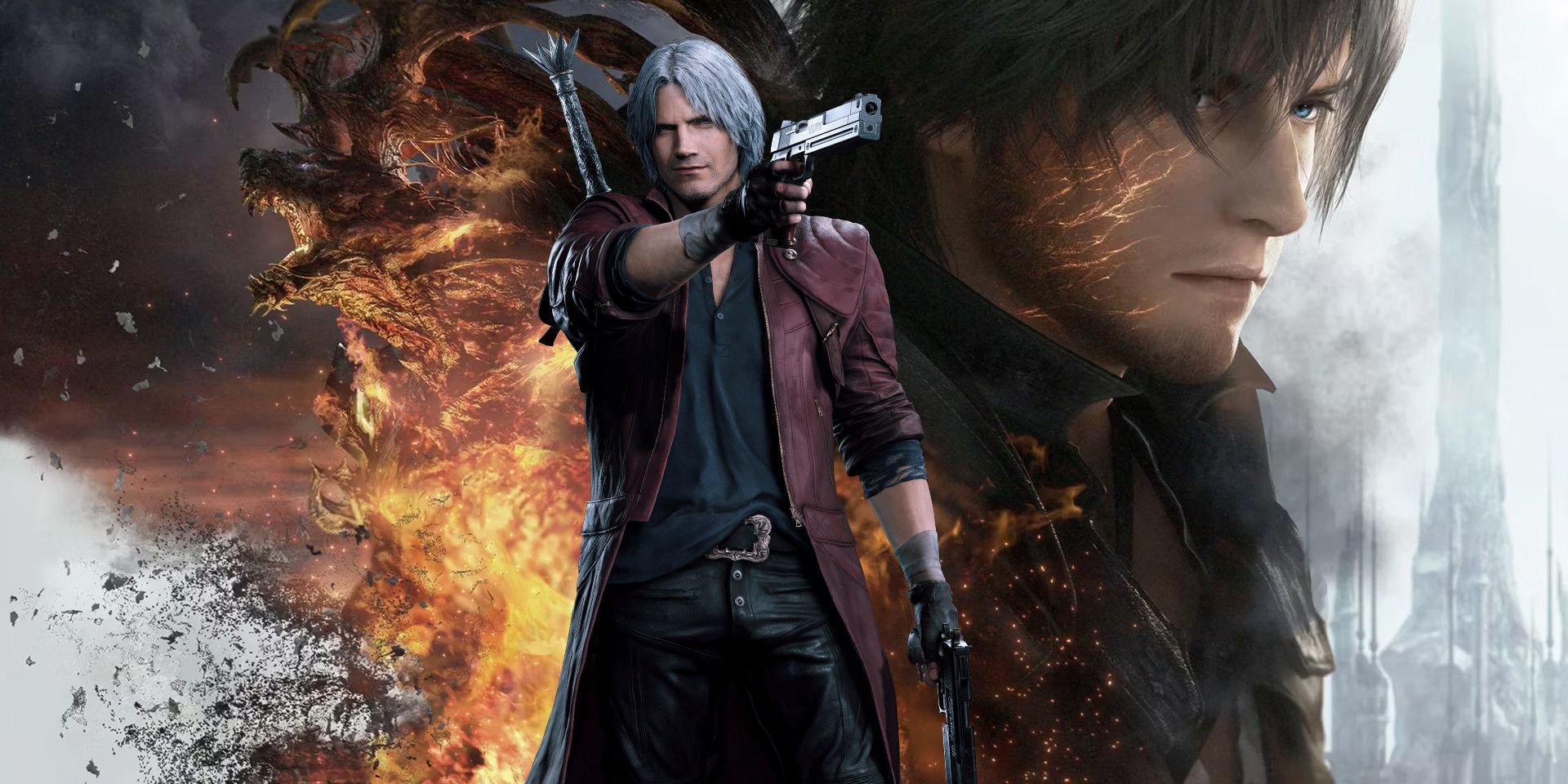 Dante from Devil May Cry 5 overlaid on key art for Final Fantasy 16.