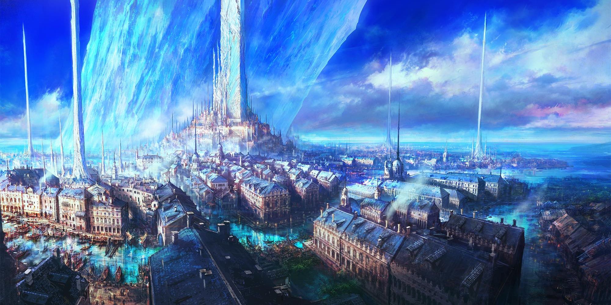 An illustration of a town in Final Fantasy 16, showing European-style buildings, canals, and tall, white spires rising in the distance