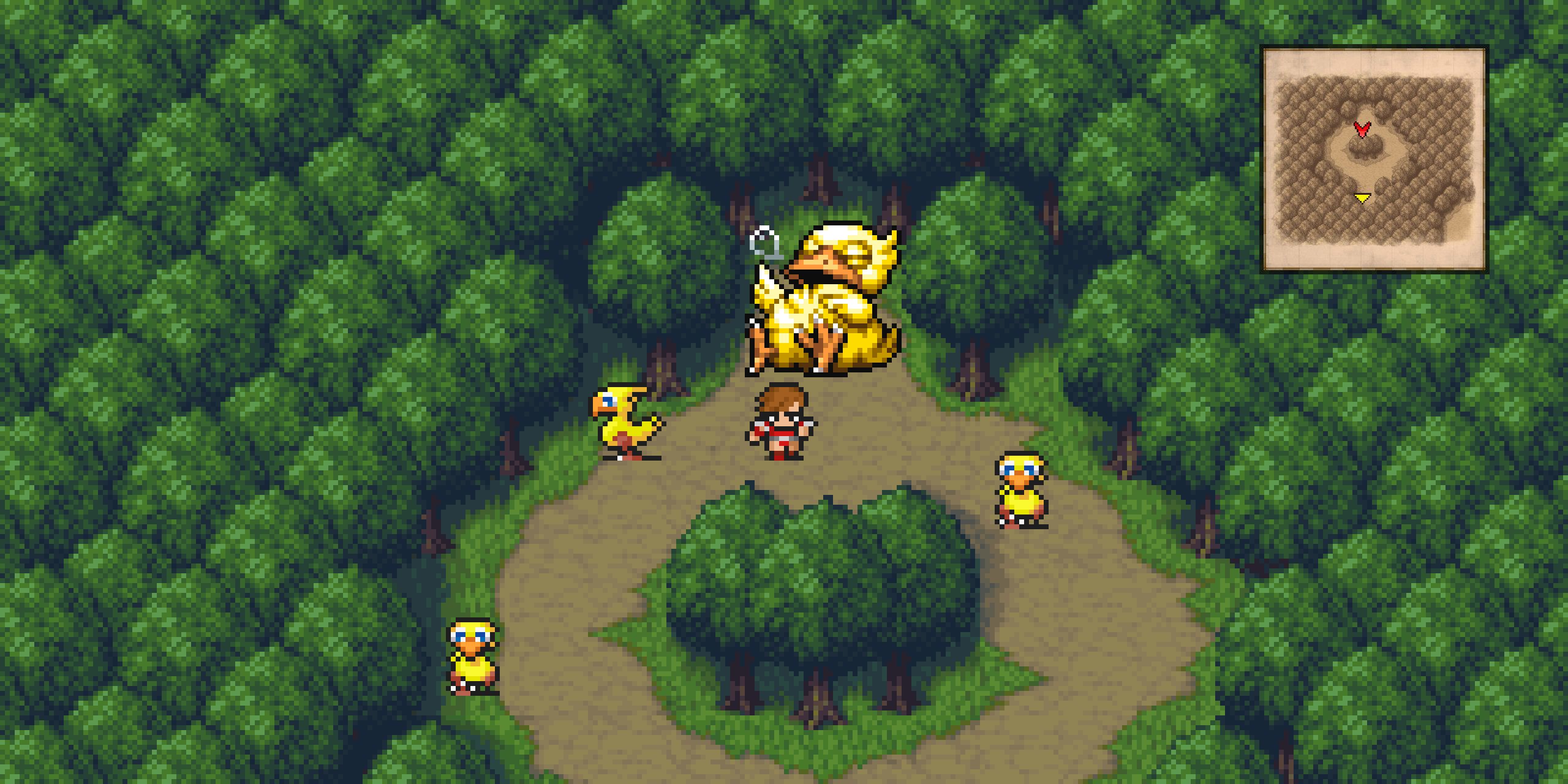 FF3 Pixel Remaster's Luneth stands in a circular clearing in a forest, before a giant, sleeping chocobo