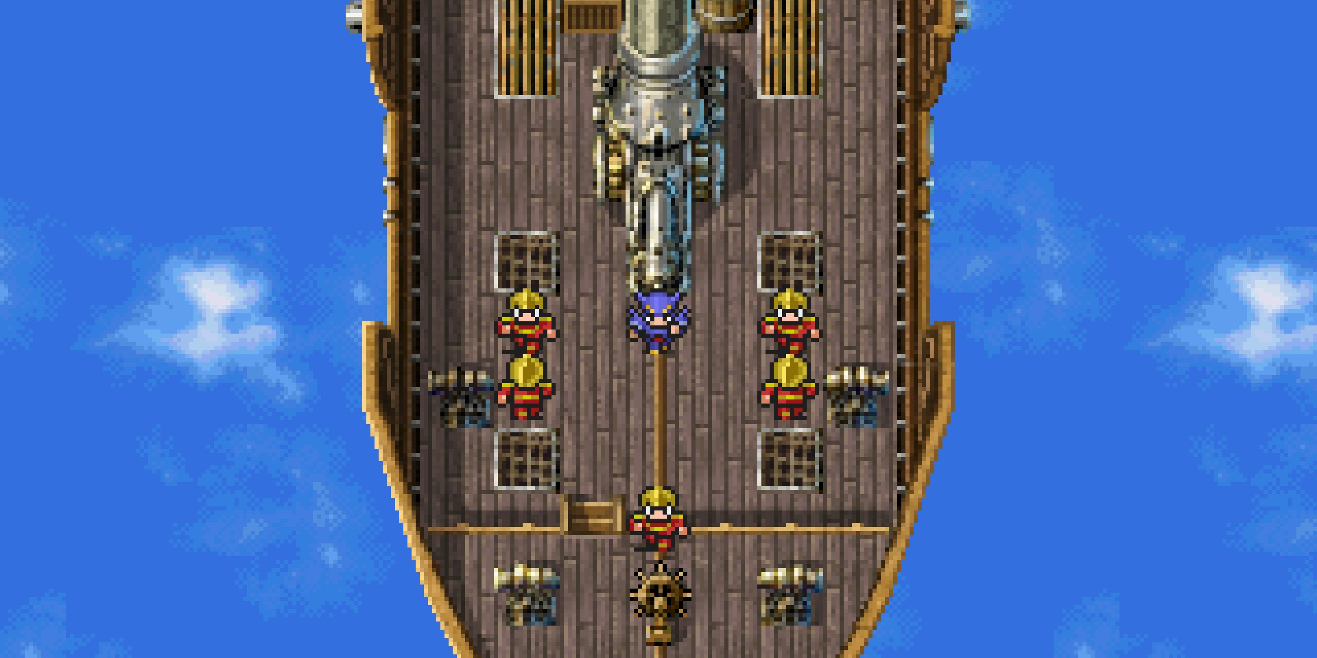 Dark knight Cecil wears spiked armor aboard his airship, surrounded by his red-clad minions in FF4 Pixel Remaster