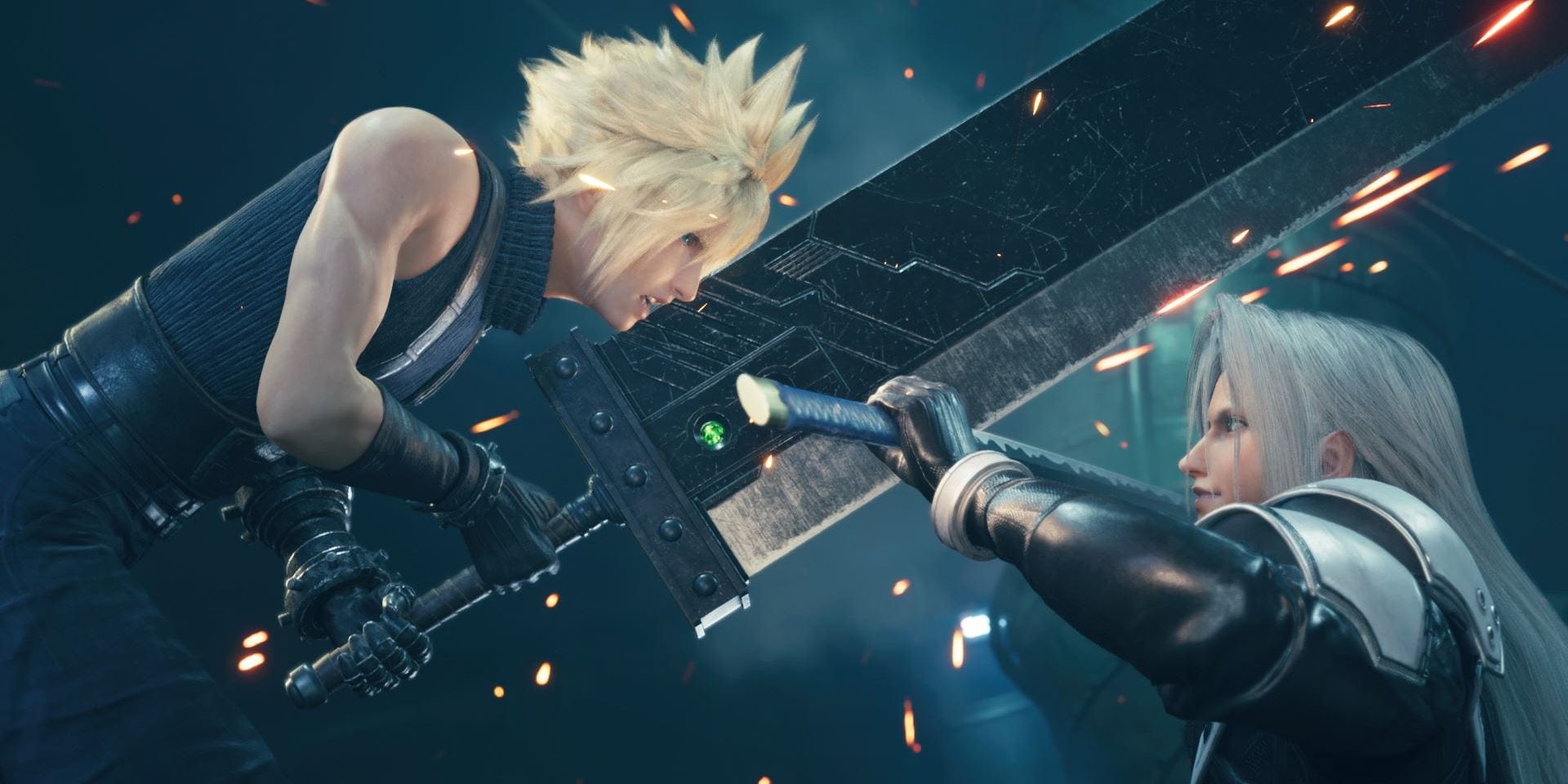 Cloud clashes his oversized buster sword with Sephiroth's katana in combat in Final Fantasy 7 Remake.