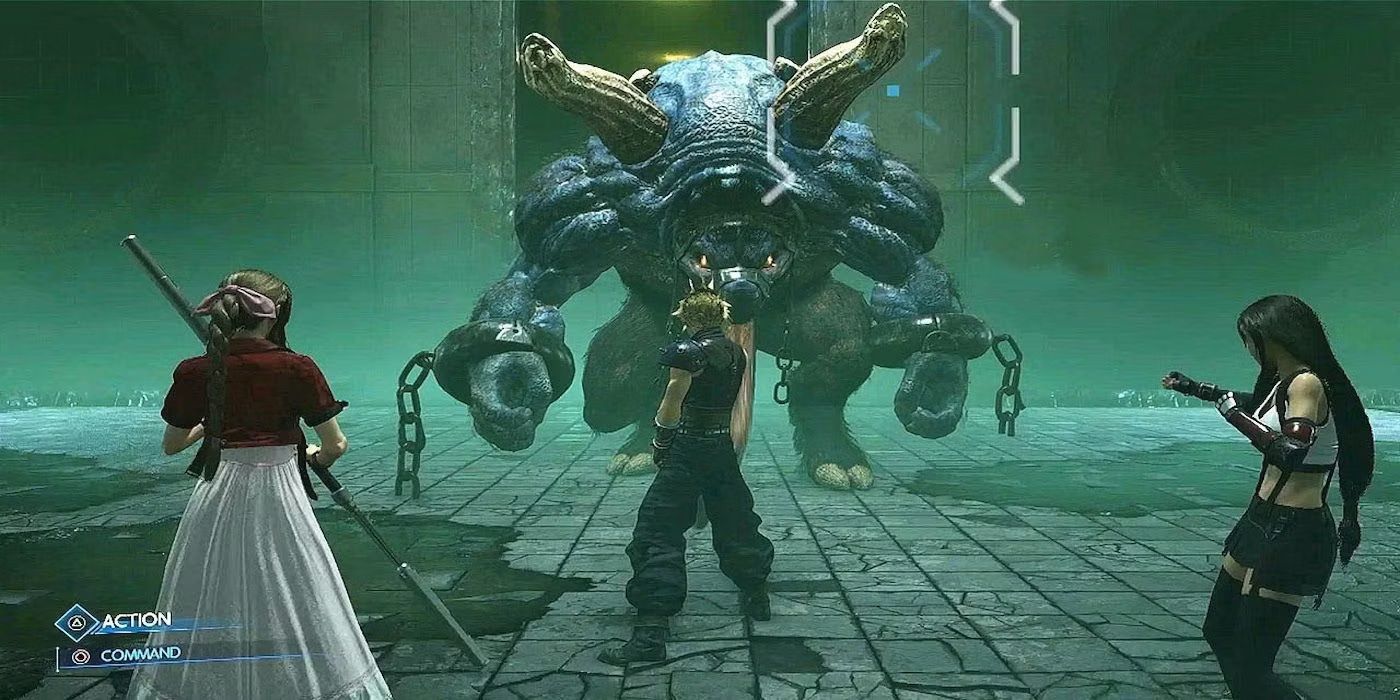 Aerith, Cloud, and Tifa face a one-eyed, two-horned, chained purple enemy in an underground arena in Final Fantasy 7 Remake