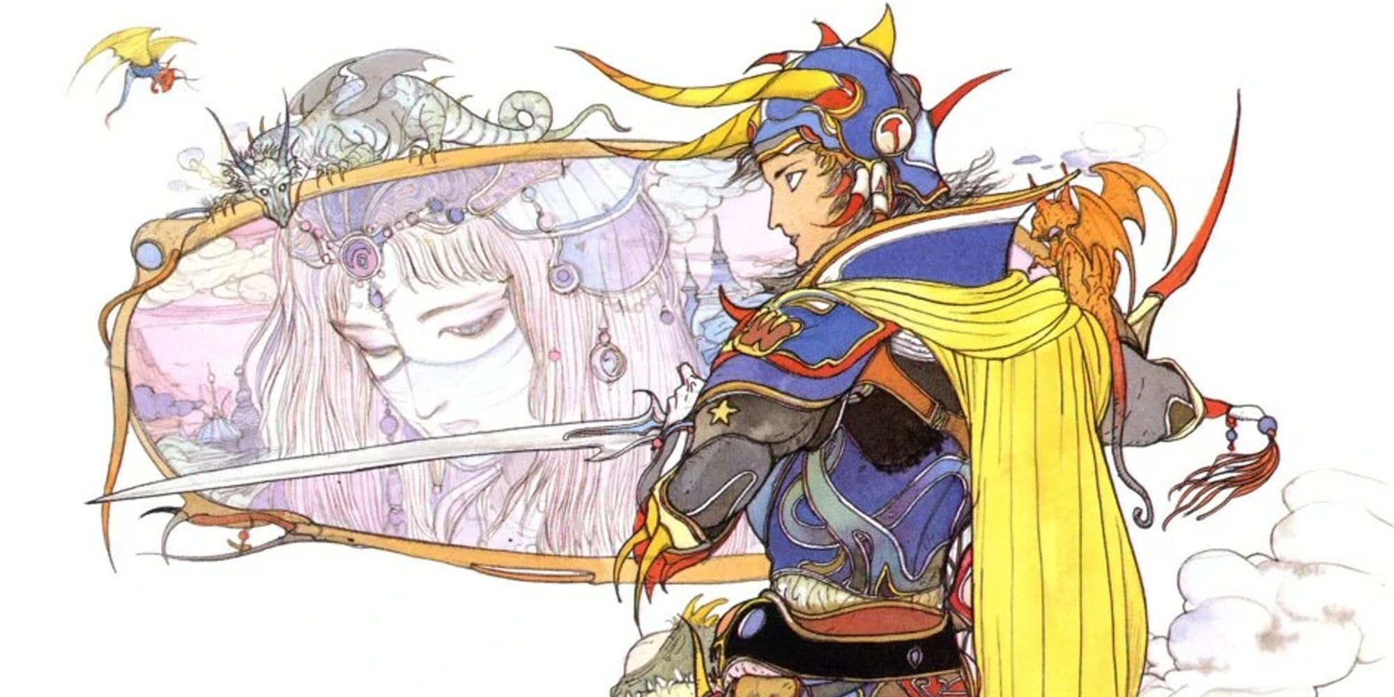 An official artwork of Final Fantasy 1 by Yoshitaka Amano, featuring the Warrior of Light in full-clad, blue armor with yellow and orange hues, holding a sword. Their helmet has yellow horns and their shapes resemble those of Behemoths. In the background is a woman with pink hair and a sad demeanor. Lying on top of the portrait of the woman is a white dragon, while a blue, yellow, and red one, which is smaller, flies above the white dragon.