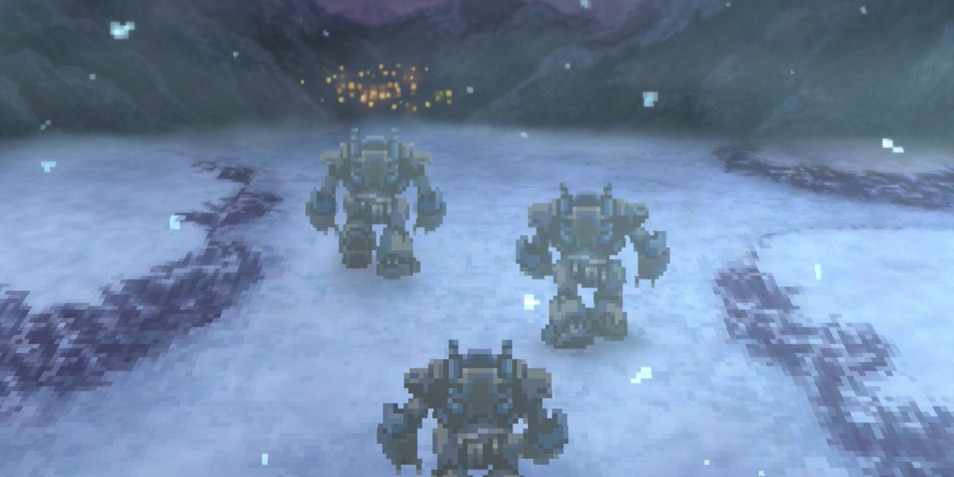 Three mechs march through a snowy field toward the glowing lights of a small town in FF6 Pixel Remaster