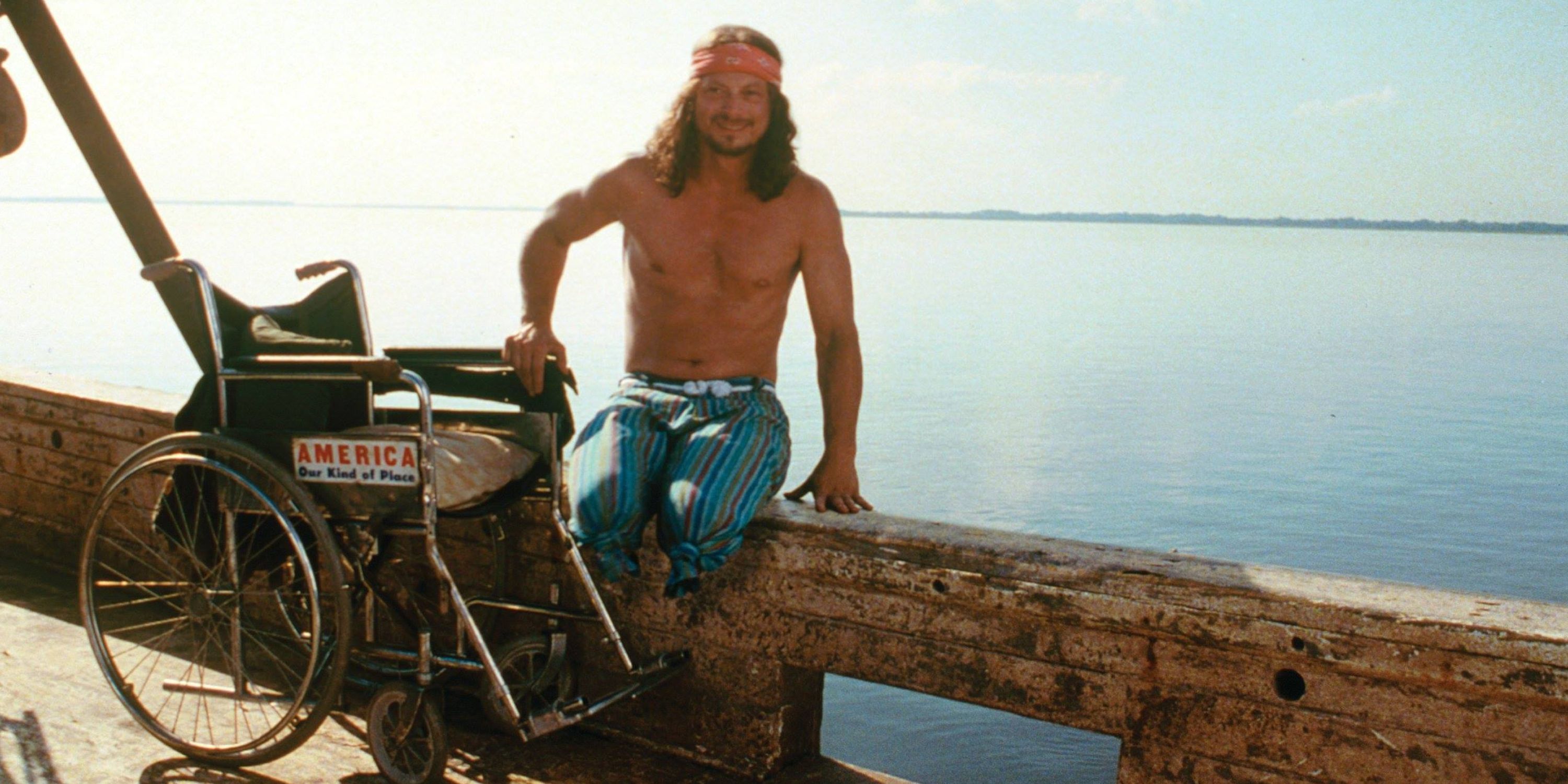 Gary Sinise as First Mate Lieutenant Dan on the boat out of his wheelchair in Forrest Gump