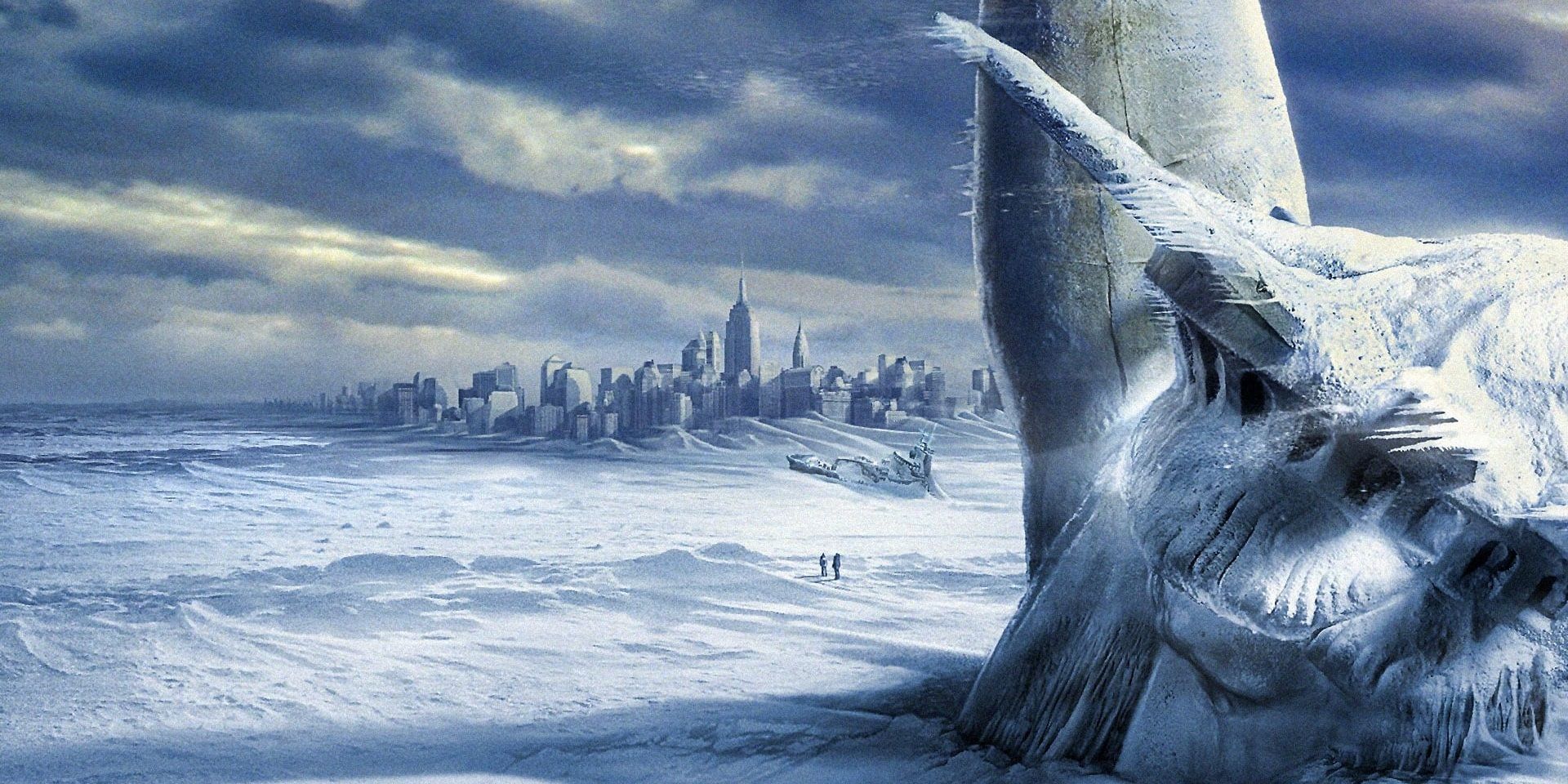 The Statue of Liberty submerged in ice, with NYC in the background surrounded by frozen wasteland in The Day After Tomorrow.